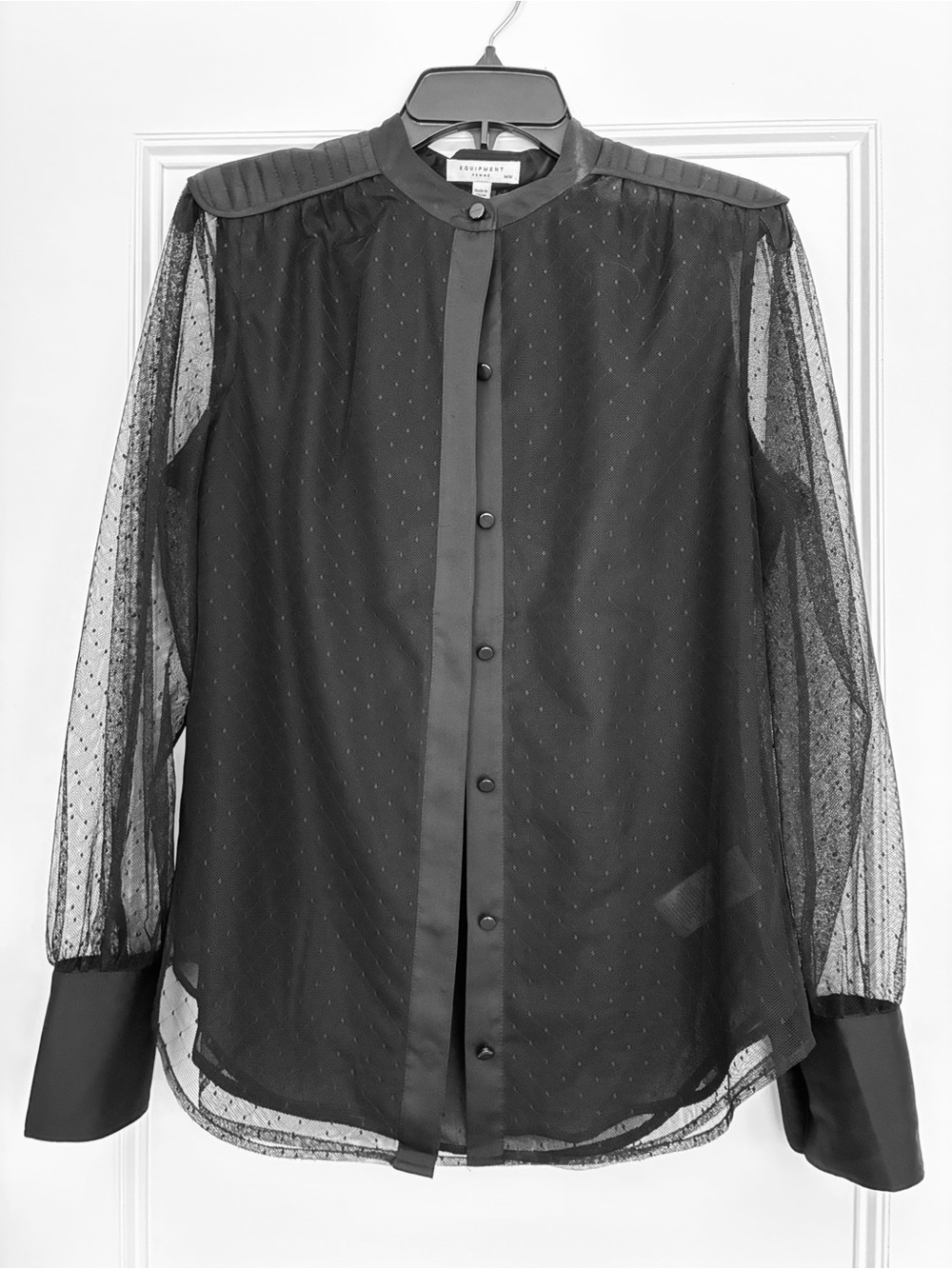 Equipment Black Semi-Sheer Dot-Detail Button-Up Top